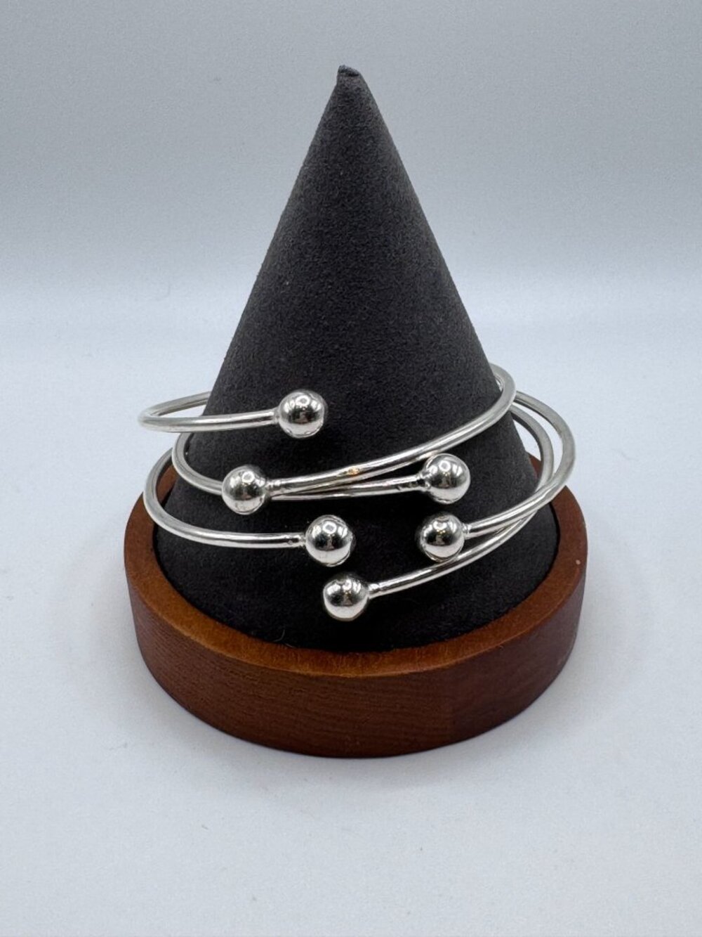 3 Sterling Silver Adjustable Bangles Ball Accents Modernist Stacking Timeless